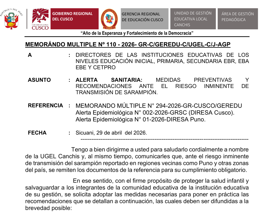 ALERTA SANITARIA: MEDIDAS PREVENTIVAS Y RECOMENDACIONES ANTE EL RiESGO INMINENTE DE TRANSMISIÓN DE SARAMPIÓN.